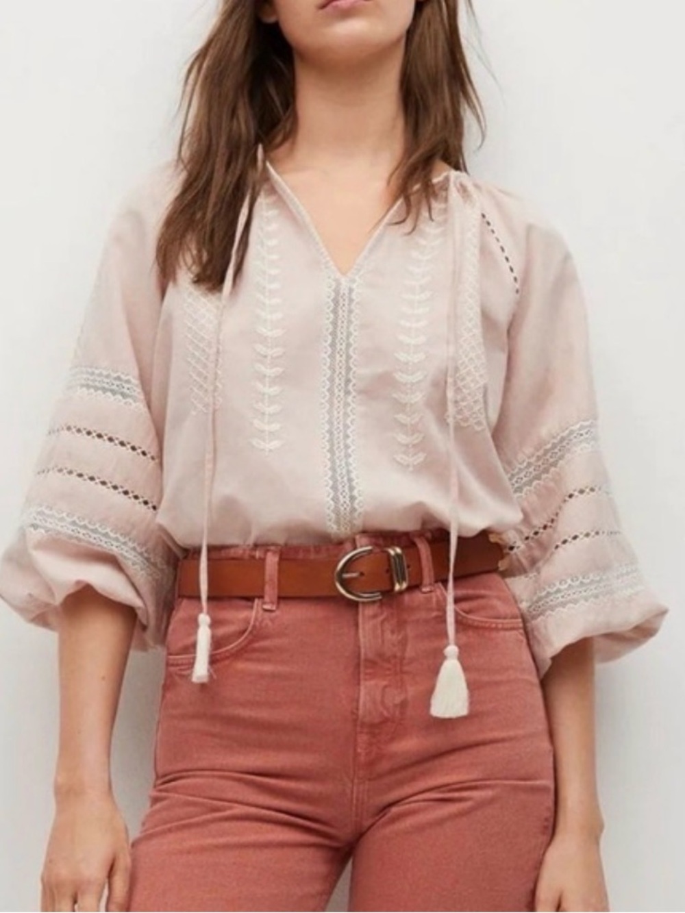 Embroidered Peasant Blouse in Light Blush Pink
